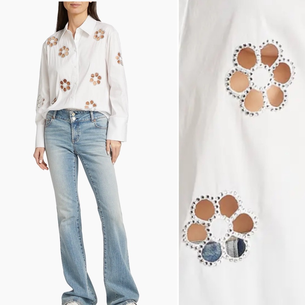 Alice & Olivia Embellished Floral Cotton-Blend Button-Front Shirt in white, sz S